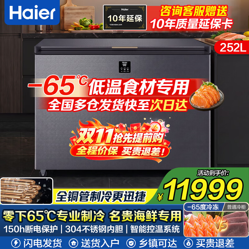 海尔（Haier）超低温冰柜零下负-70/-65/-60℃度商用家用大容量卧式冷冻柜金枪鱼海鲜柜一级能效以旧换新 零下65度|不锈钢内胆|全铜管|手机互联 252L 京东折扣/优惠券