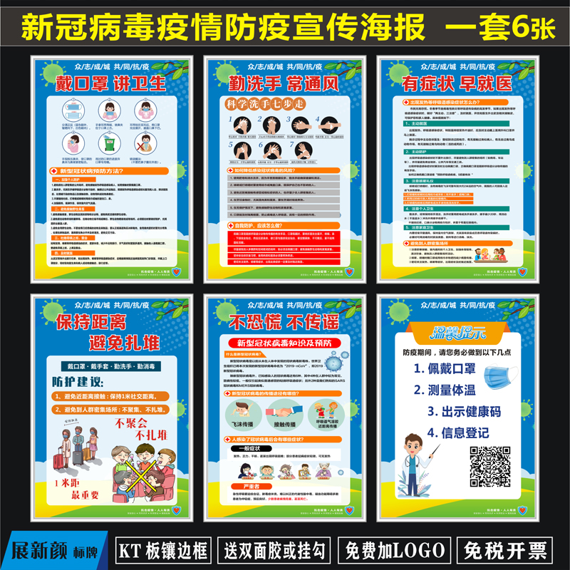病毒防控宣传标语 戴勤洗手不聚集 疫情海报展板挂图 宣传海报 一套6