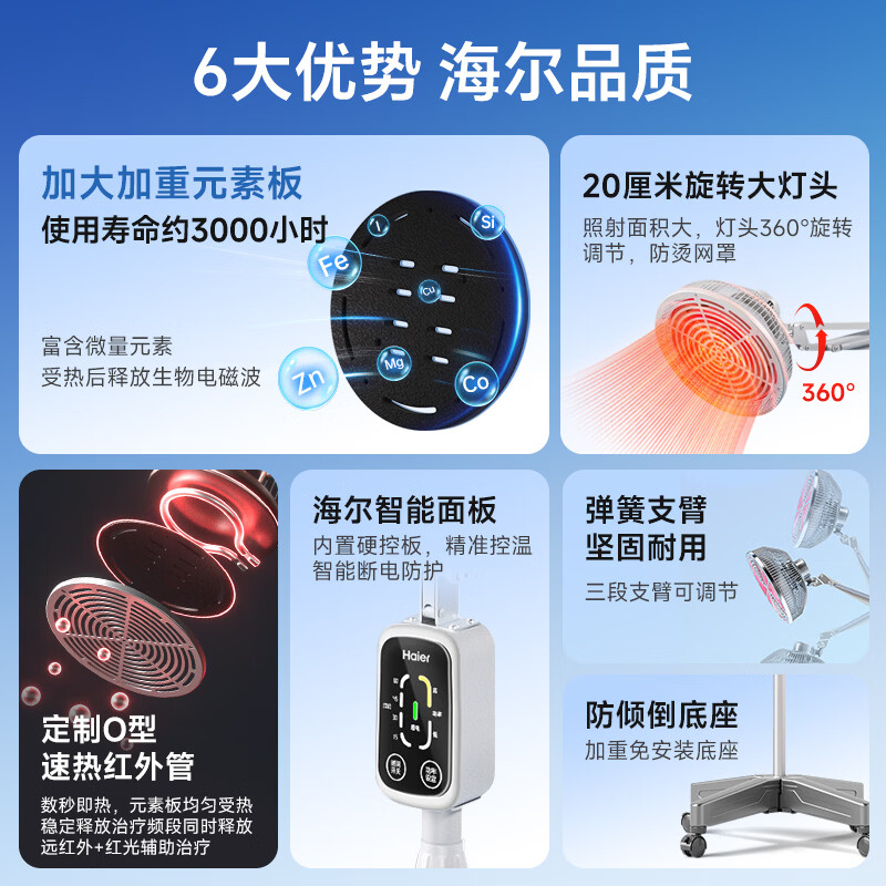 海尔红外线理疗灯烤灯舒缓颈腰椎肩周疼痛术后伤口愈合医院同款理疗仪 【台式升级H-02】大头灯+调温定时