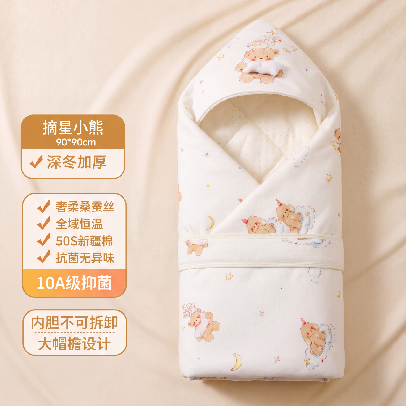 婧麒新生婴儿抱被初生包被纯棉包单宝宝产房用品外出抱毯 摘星小熊(升级桑蚕丝款) 90*90cm 京东折扣/优惠券