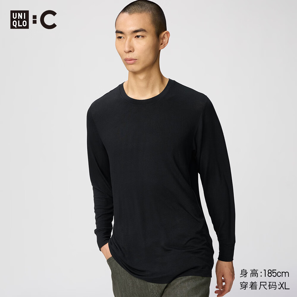优衣库HEATTECH混纺圆领T恤/9分袖男装合作款9%羊绒486861 09 黑色 L