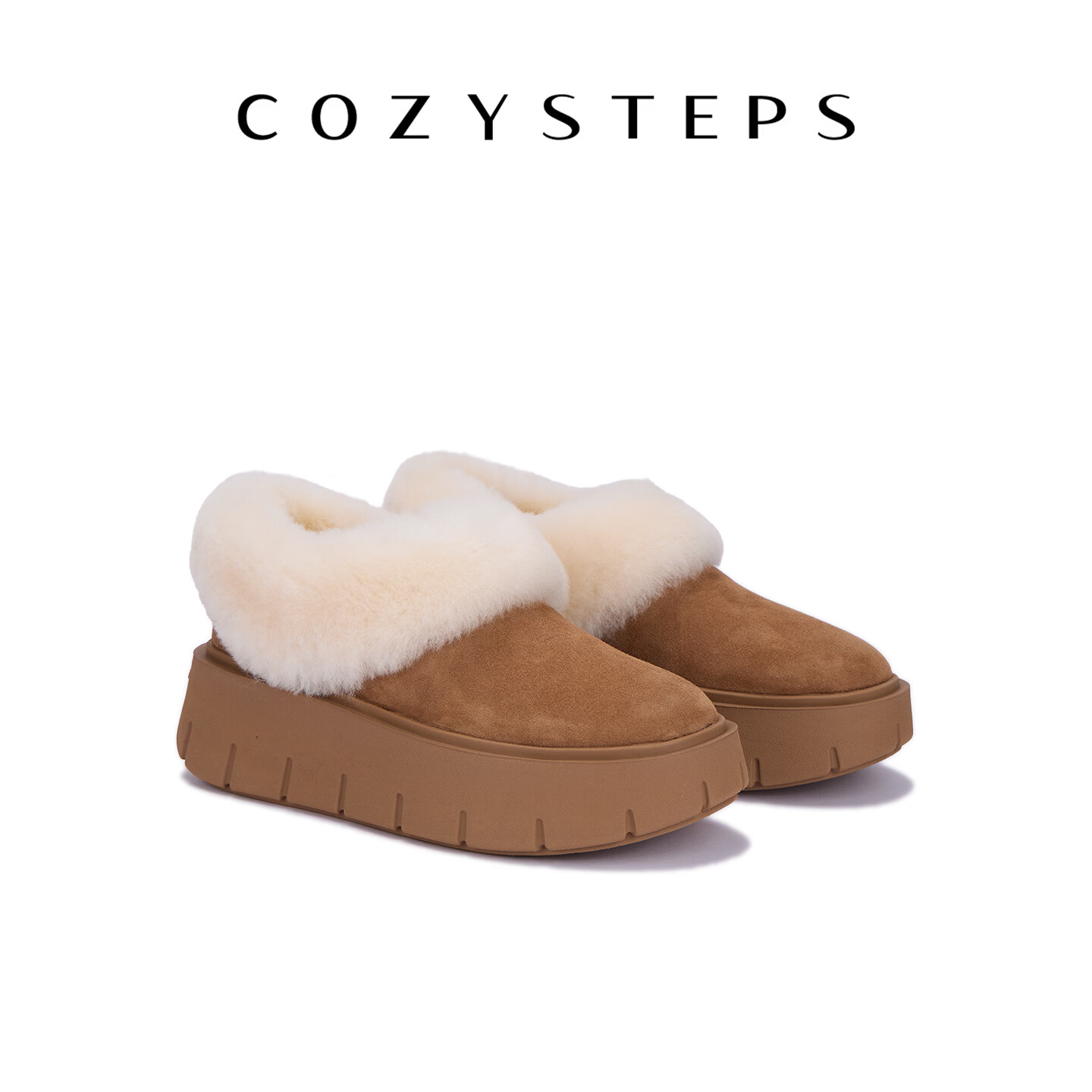 COZY STEPS可至女士26冬季新款羊皮毛一体穆勒厚底饼干拖保暖雪地靴 栗色 35