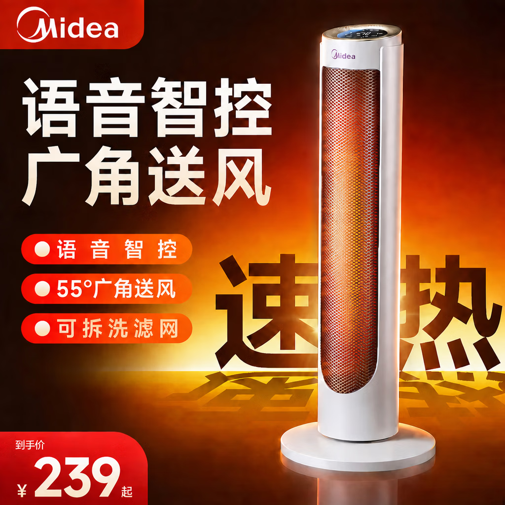 美的暖风机取暖器家用电热取暖器小太阳语音立式电暖气全屋大面积速热浴室办公卧室烤火炉HFU20LHR 珍珠白【语音款+3秒速热*】