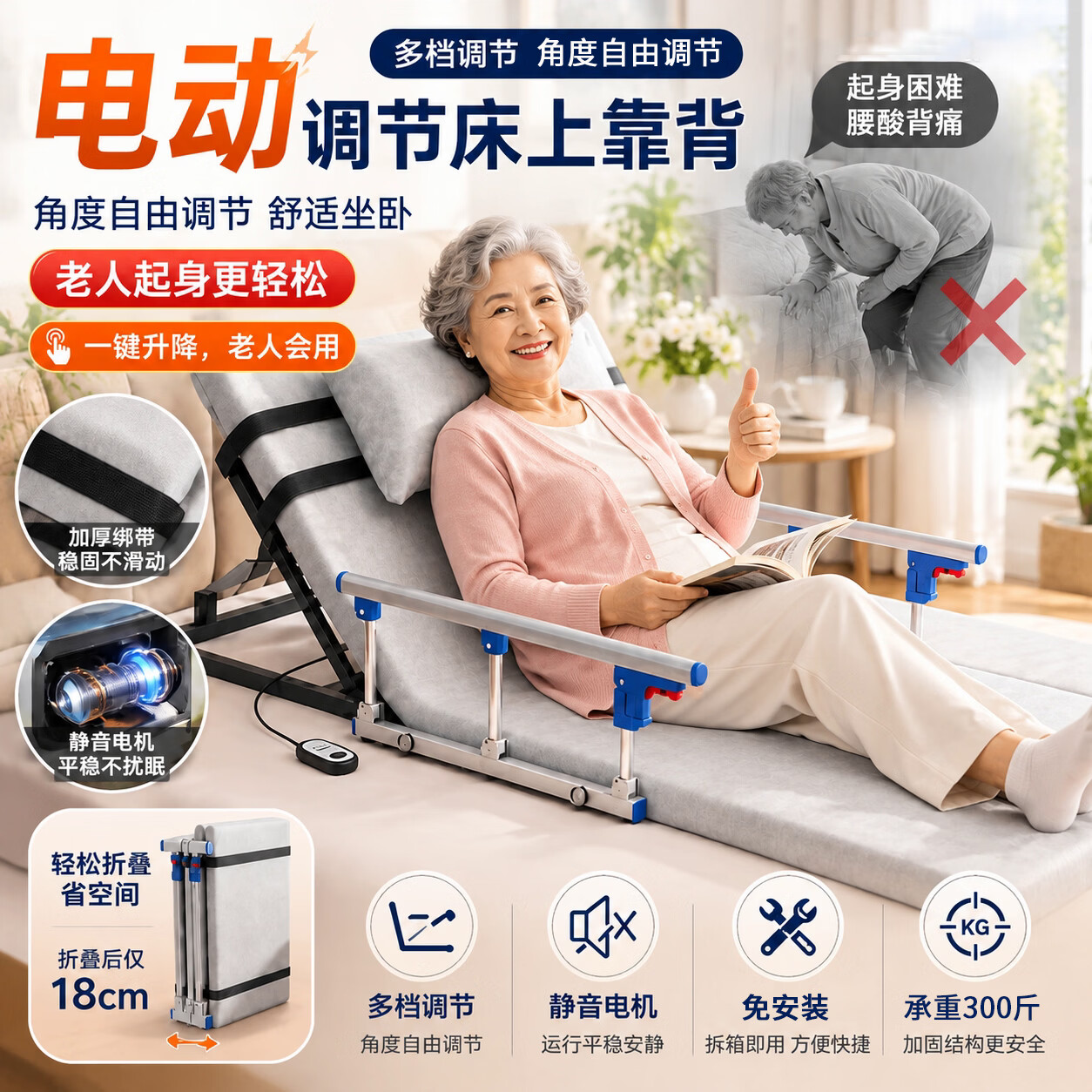 陆盾电动起床辅助器卧床老人家用起身器久躺神器护理升降床垫起背器 75cm宽【长尺寸180cm】无扶手+电动遥控