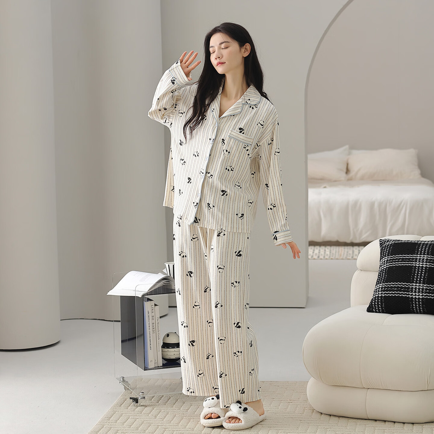 芬腾可安睡衣女新款长袖秋季开衫简约休闲可外穿家居服套装 浅灰 M