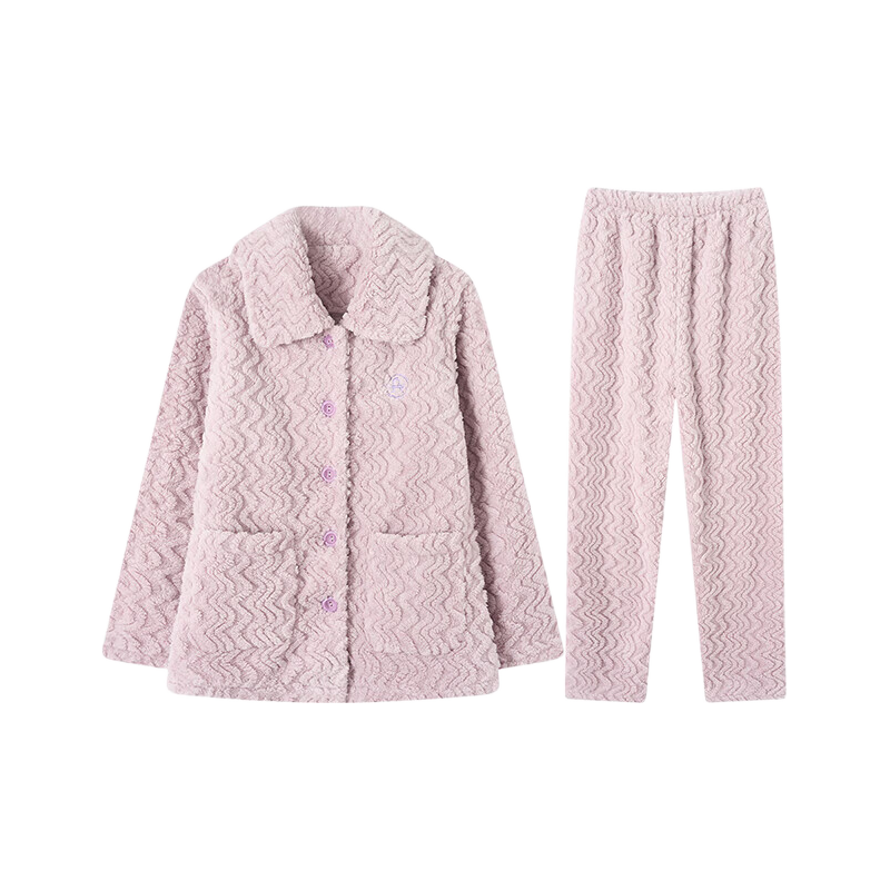 芬腾睡衣女【加厚暖绒】秋冬季少女感保暖翻领开衫长袖家居服套装 香芋紫 XL