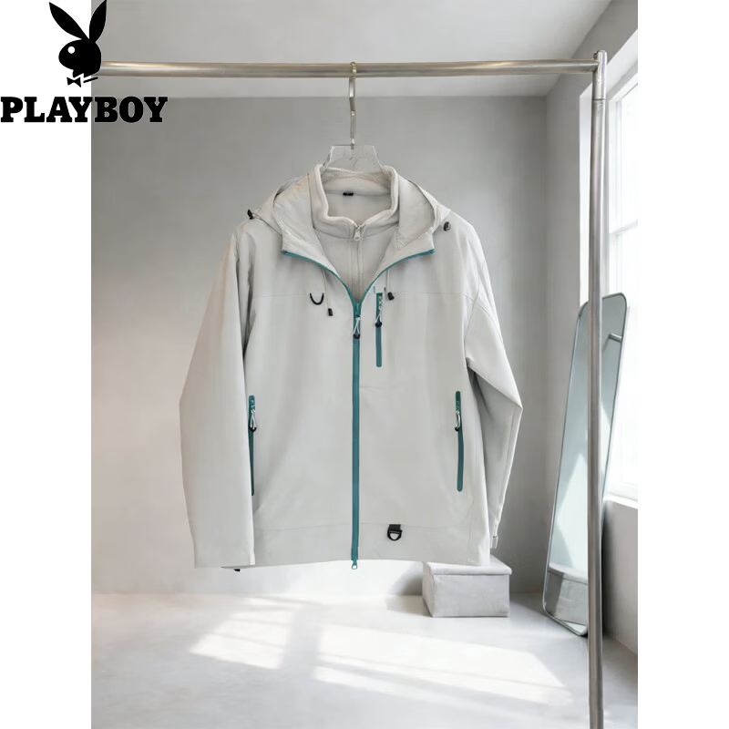 花花公子(PLAYBOY)三合一两件套男女情侣户外三防宽松廓形连帽摇粒绒加厚冲锋衣 浅豆绿【三合一】 S (建议体重80-100斤)