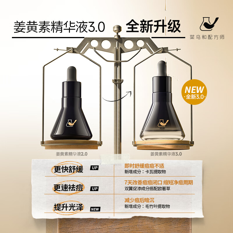 菜鸟和配方师姜黄素祛痘精华液 速褪红舒缓修护祛青春痘熬夜姨妈痘 三代30ml*2瓶