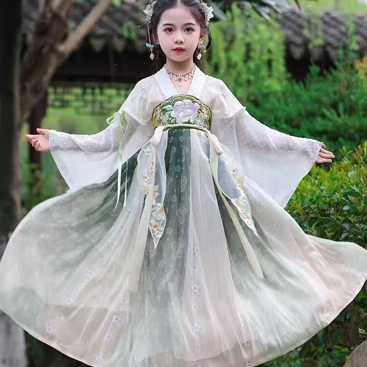 九虞氏女童汉服连衣裙襦裙儿童汉服童装夏季中国风中大童唐装公主裙 清合如故绿 170 (适合153-162cm)