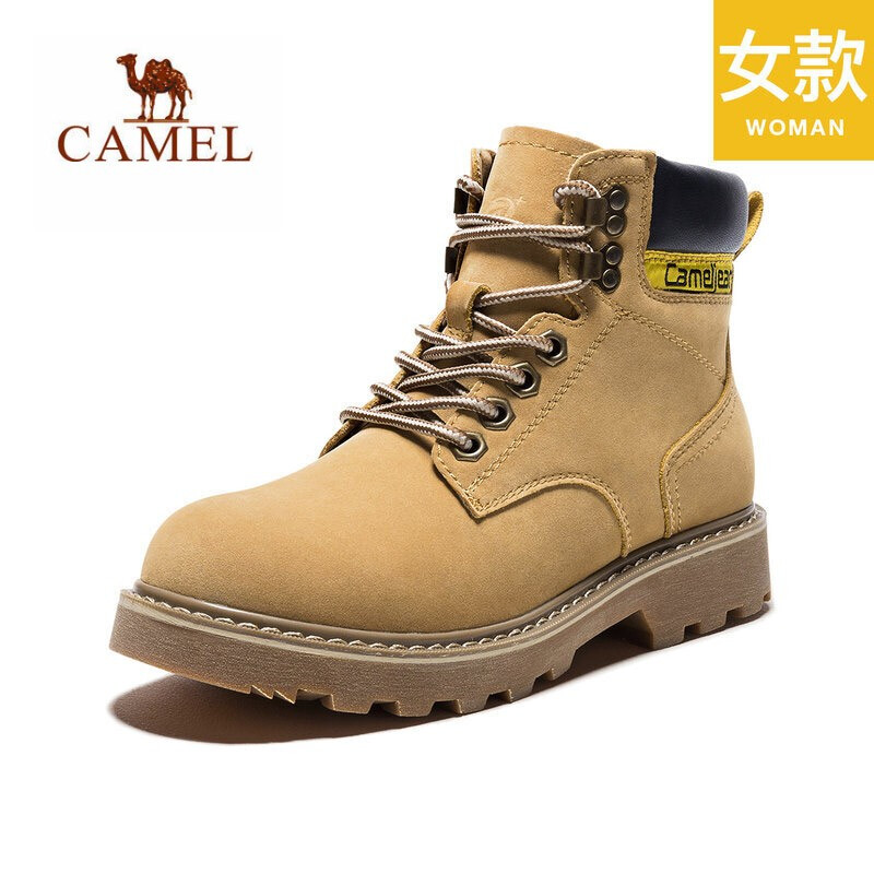 骆驼（CAMEL）女鞋 高帮保暖时尚马丁靴 工装靴舒适防滑系带休闲工装鞋 A94241601，黄色，女 39