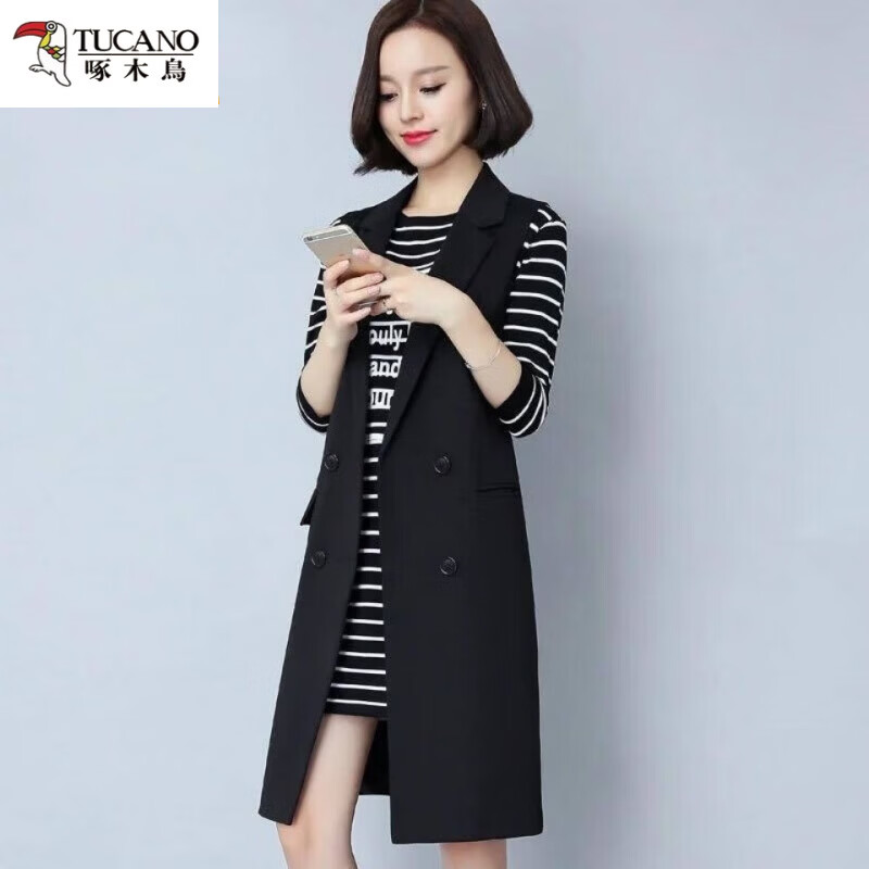 啄木鸟(TUCANO)简约通勤马夹女中长款修身无袖显瘦时尚坎肩百搭时髦马甲 黑色 单排扣 3XL 130-145