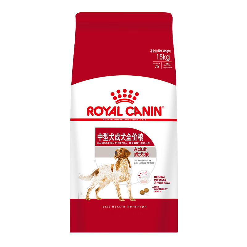 皇家狗糧中型犬成犬糧12月齡以上成犬主糧15kg法斗柴犬柯基邊牧M25 中型犬成犬糧15kg/整包