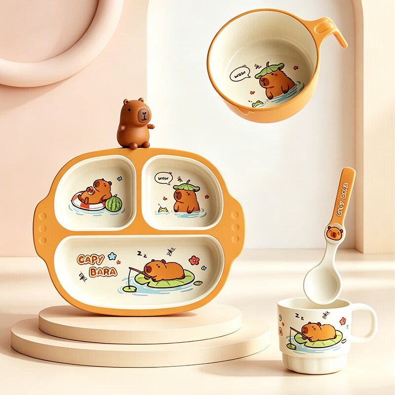 显初卡皮巴拉儿童饭碗餐具可爱卡通宝宝吃饭专用碗幼儿园碗勺套装餐盘 【3件套】卡皮巴拉头型碗+勺子+杯子
