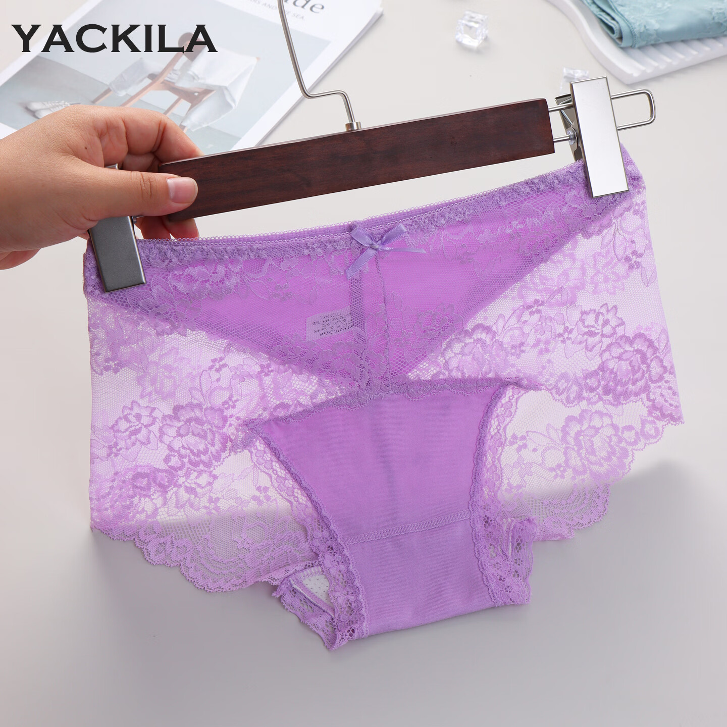 YACKILA蕾丝高级轻奢性感内裤女士2026新款纯欲女式短裤女生舒适三角裤头 3条装(浅紫+豆沙+浅杏) 2XL 体重120-140斤