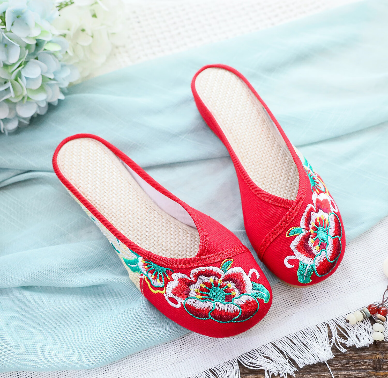 baldauren拖鞋 夏季拼色绣花休闲散步绣花布鞋女士布艺凉拖鞋 芙蓉花