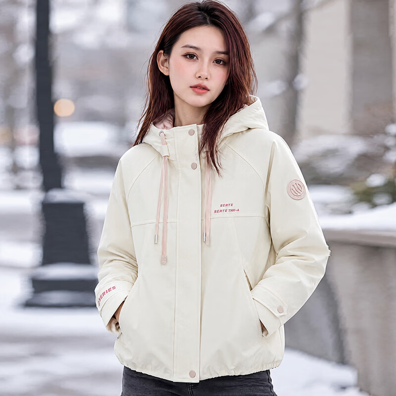 拉夏贝尔短款羽绒服女2026冬季新款时尚百搭连帽保暖外套女 米粉 XL
