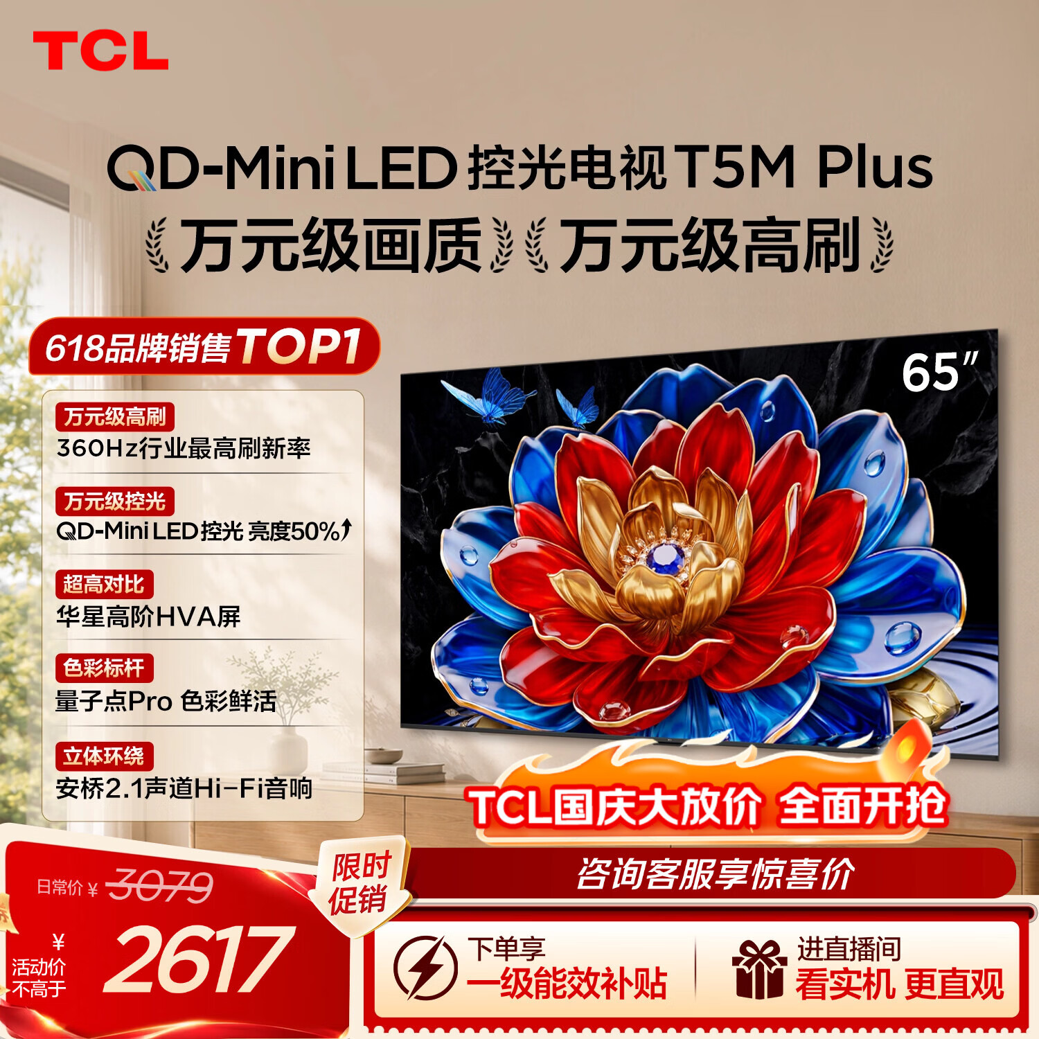 TCL电视 65T5M Plus 65英寸【固定挂架-送装一体】QD-MiniLED控光 360Hz超高刷 T5M Pro同款