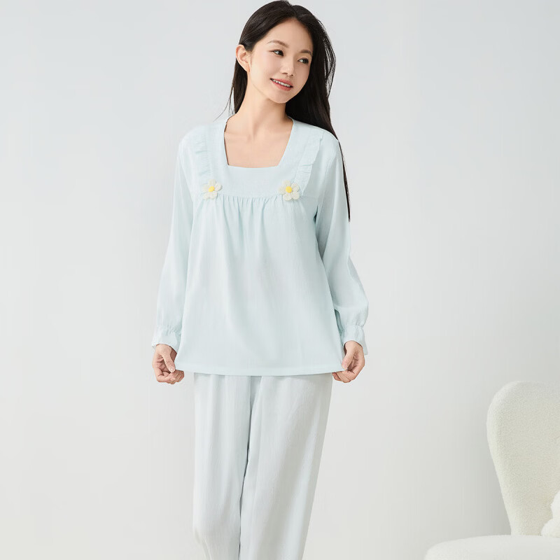 香蜜闺秀(GOSO)【自带胸垫】睡衣女士春秋长袖套头感亲肤可外穿家居服套装 浅蓝 M
