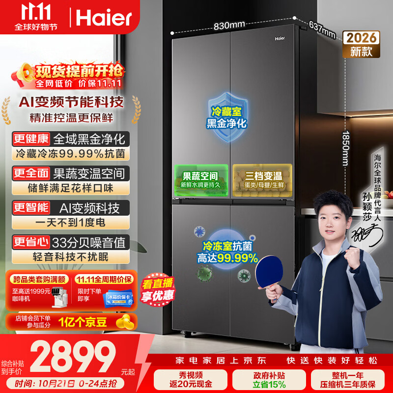 海尔小红花「539双净化升级款」545升十字门新款家用电冰箱一级能效风冷BCD-545WGHTDEDB7U1国家补贴
