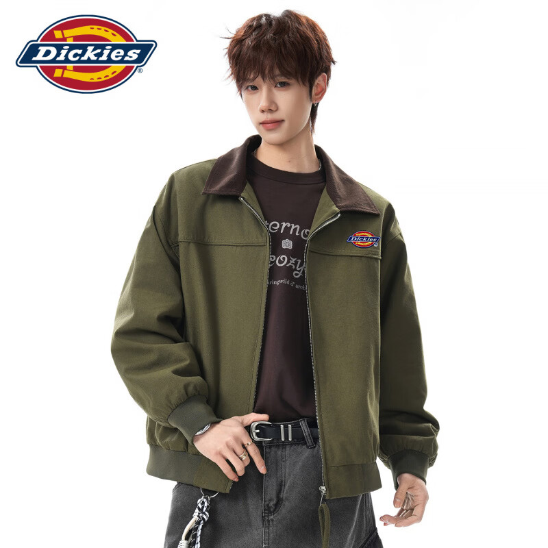 Dickies港式复古休闲翻领夹克男士2026秋季新款宽松潮牌百搭时尚外套服装 橄榄绿色 【官方正品】 L 【建议110-130斤】