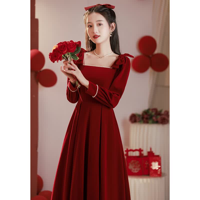 兰卡·罗妮敬酒服小个子新娘2023新款订婚连衣裙红色礼服裙秋冬回门长袖冬季 酒红色 L  (建议106-115斤)使用感如何?