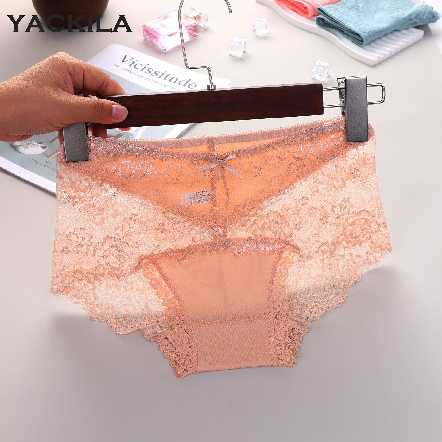YACKILA蕾丝高级轻奢性感内裤女士2026新款纯欲女式短裤女生舒适三角裤头 3条装(浅紫+豆沙+浅杏) 2XL 体重120-140斤