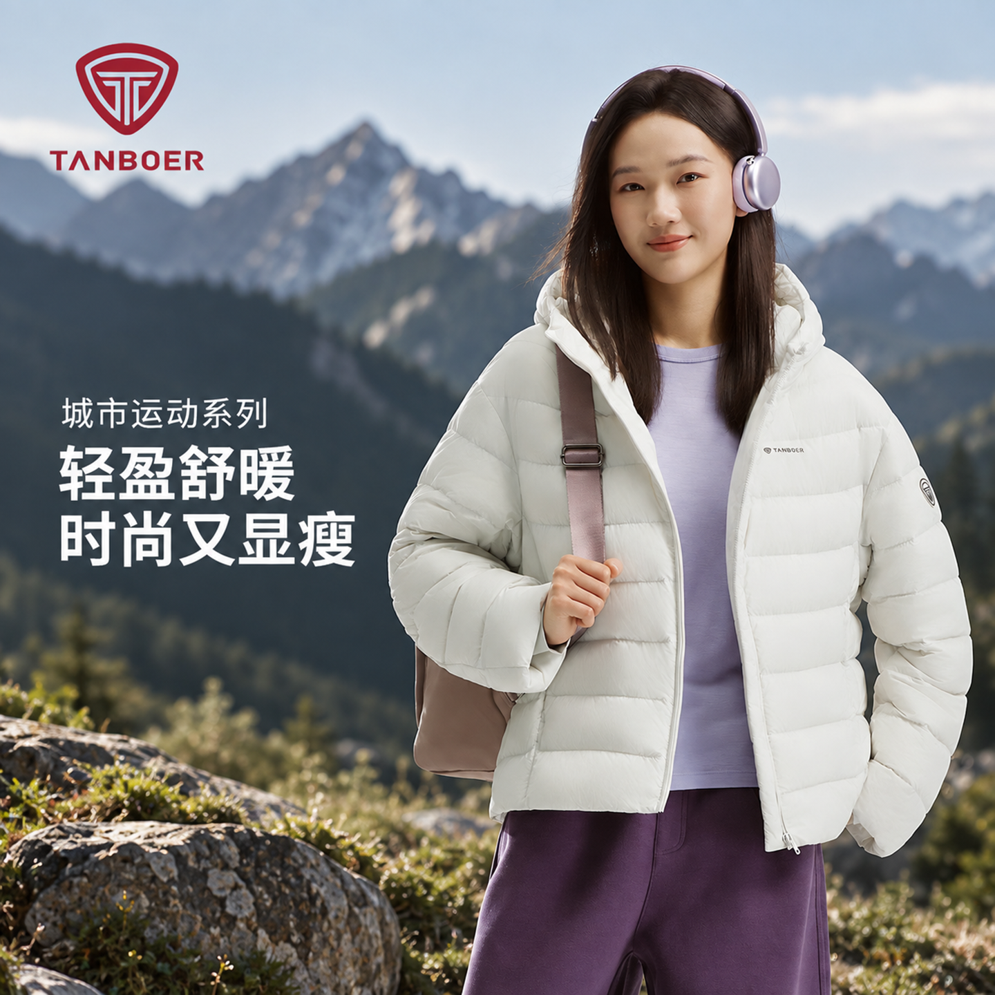坦博尔2026秋冬新款排骨羽绒服休闲时尚百搭短款连帽女士外套 轻灰白 XS