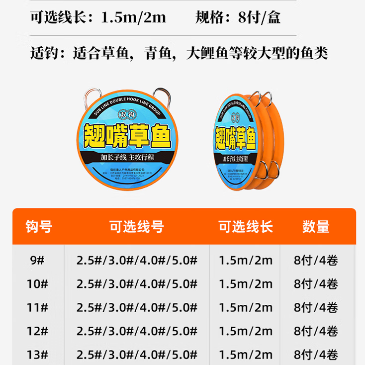周小二【厂家直发】加长子线双钩专攻草鱼大物翘嘴行程大物巨物伊势尼钓 【8付】钩13线3 1.5米