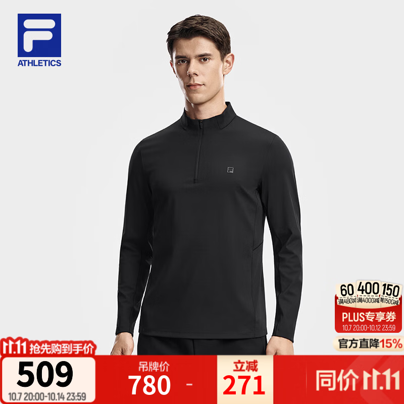 FILA 斐乐男子针织长袖上衣26冬款健身男子运动基础半拉链长T 深黑-BK L 175/96A/L