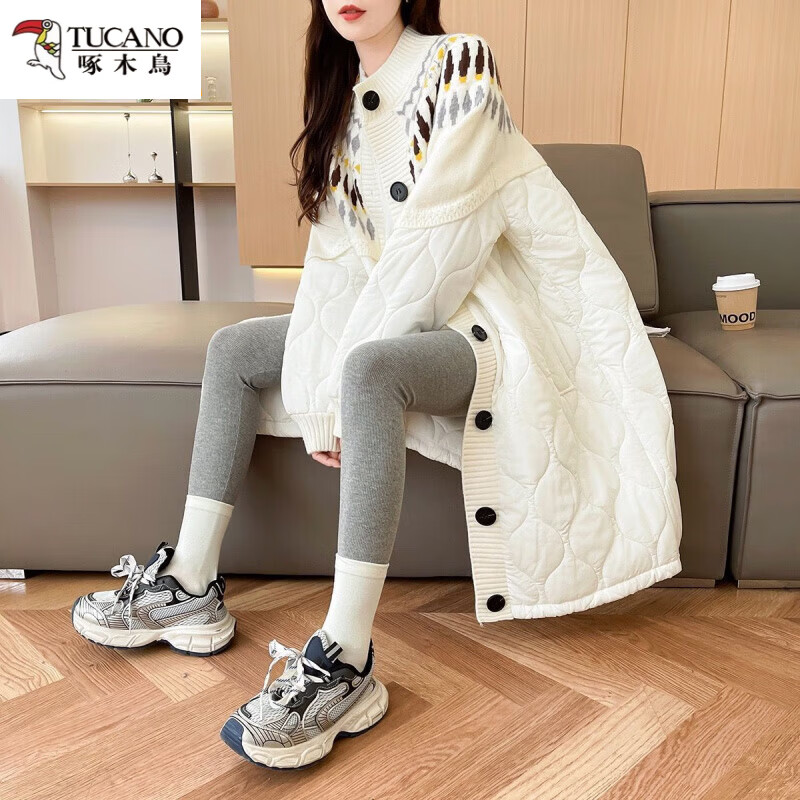 啄木鸟(TUCANO)大码棉衣拼接毛衣开衫女中长款过膝外穿秋冬新款宽松慵懒棉服外套 咖色 均码 【90-160斤】