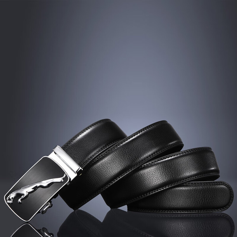 POACY男士皮带 豹子真牛皮腰带男 时尚商务情人节 情人节裤带男款 百搭 P807银色 115cm 【33-35裤码】