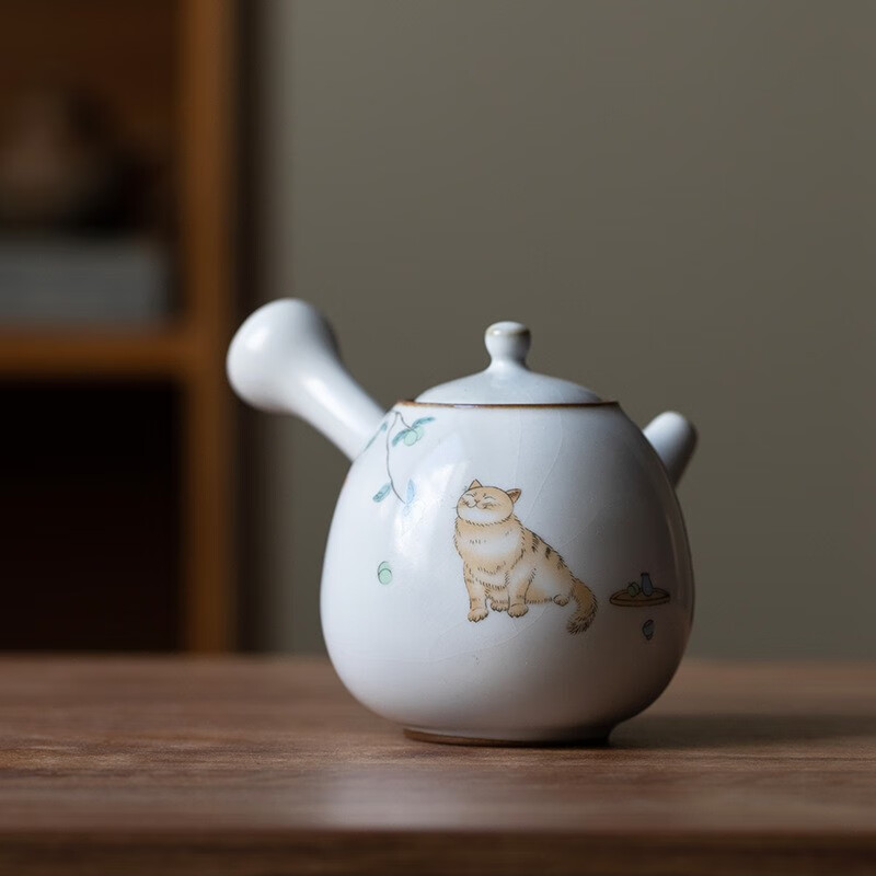 夏茗堂(xiamingtang)猫咪汝窑茶壶陶瓷侧把壶家用功夫茶具套装复古单