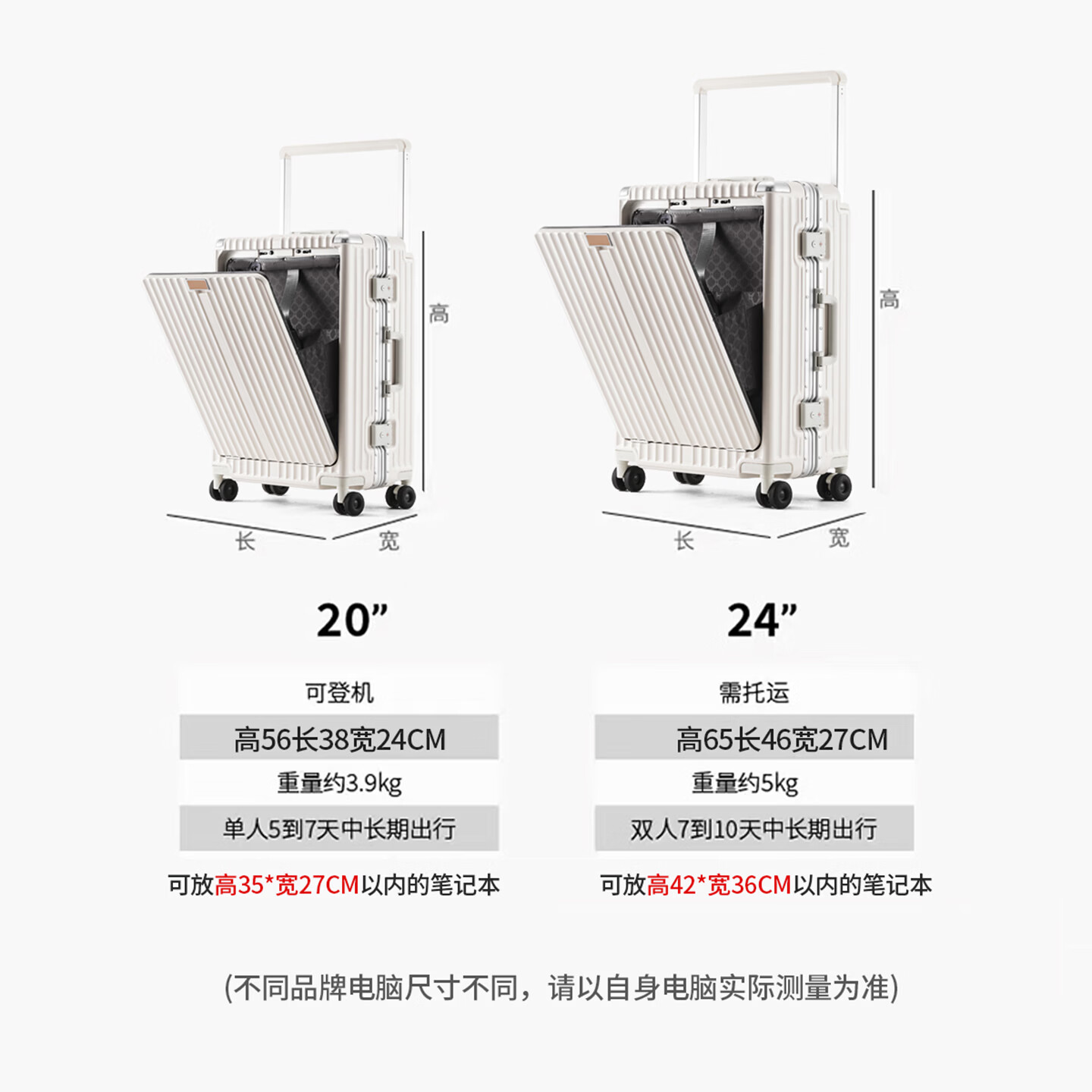 游乐者(MUSIC TRAVELS)前开口行李箱铝框PC宽拉杆箱大容量旅行箱密码皮箱子侧开盖登机箱 米白色【前置电脑仓】附PVC透明箱套+电脑包 20英寸 -登机箱【适合1~7天出行选择】