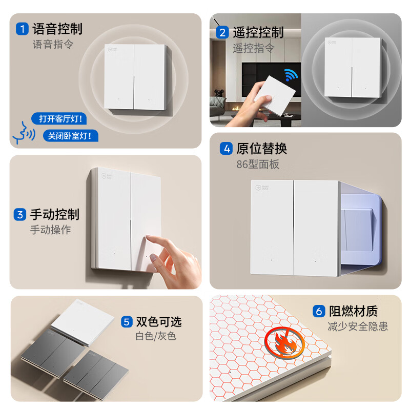 国际电工家用开关离线语音智能开关语音遥控手动多种控制免布线无线随意贴 三开开关+2个随意贴【灰色+语音控制】