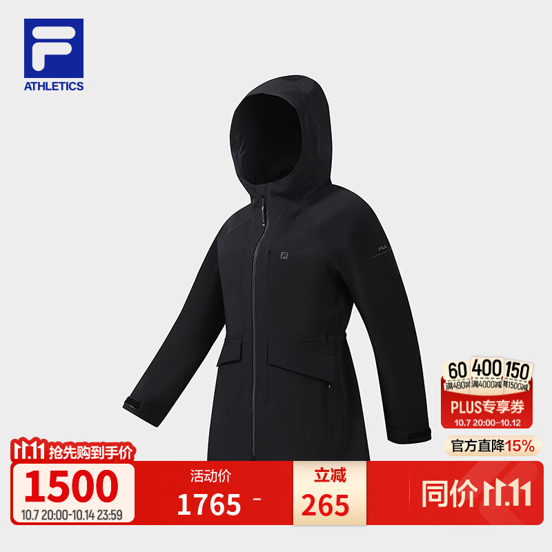 FILA 斐乐官方女士梭织外套2026冬新款健身运动舒适加绒连帽上衣 深黑-BK L 170/88A/L
