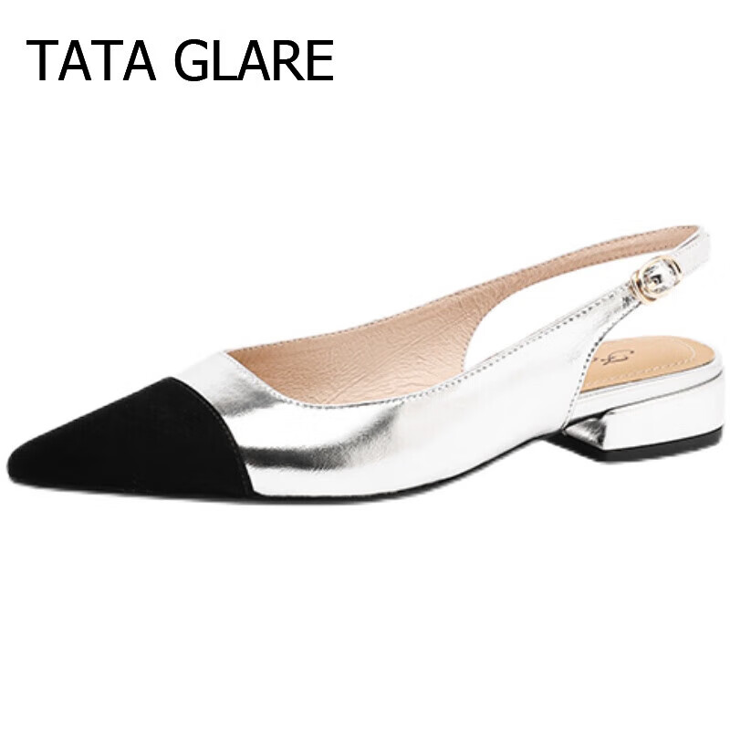 tata  glare她他(tata)女鞋法式小香风夏季新款尖头拼色搭扣低跟百搭