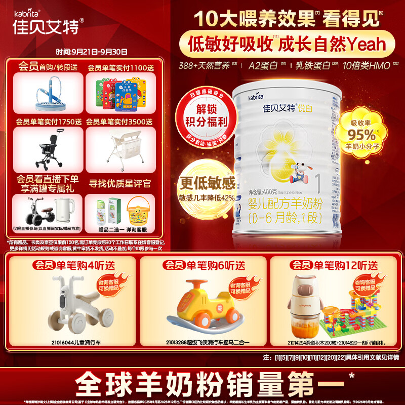 佳贝艾特（Kabrita）悦白婴儿配方羊奶粉 1段(0-6个月)400克 低敏好吸收 天然A2蛋白