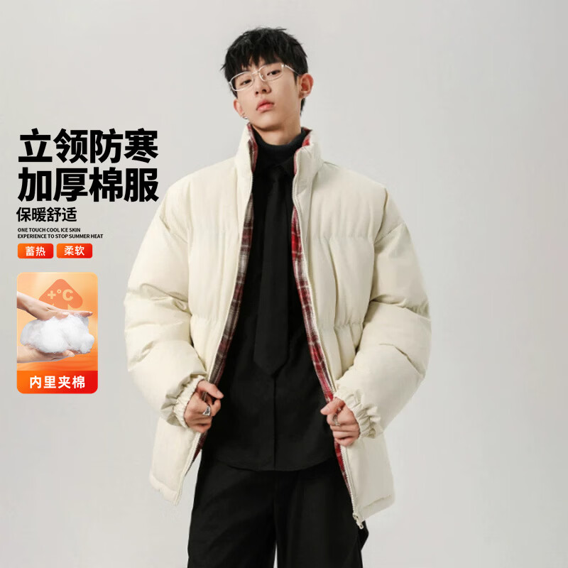 花花公子（PLAYBOY）格子拼接夹克棉服男秋冬季美式潮牌立领面包服青少年棉衣外套 黑色 XL
