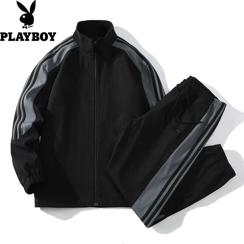 花花公子(PLAYBOY)运动套装男装秋季新款潮流休闲青少年工装裤外套套装男帅气一套 黑色套装 XL