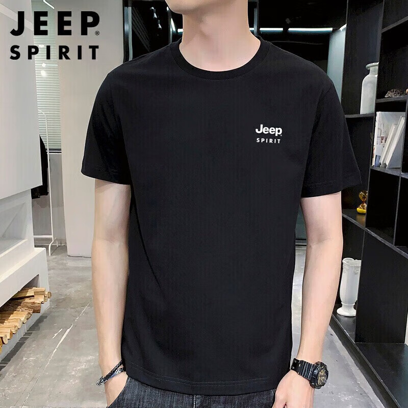 吉普JEEP夏季短袖T恤纯色简约打底衫舒适透气圆领上衣9010 黑色 XL