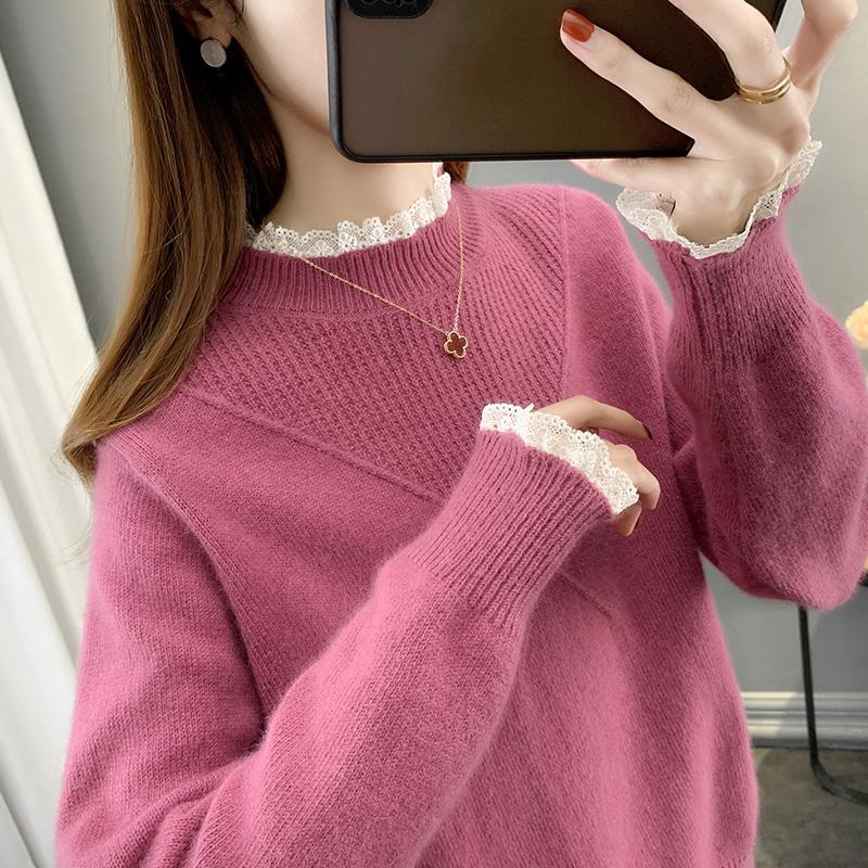 加绒加厚外穿女士毛衣年秋冬新款半高领蕾丝针织打底衫女内搭 玫红色