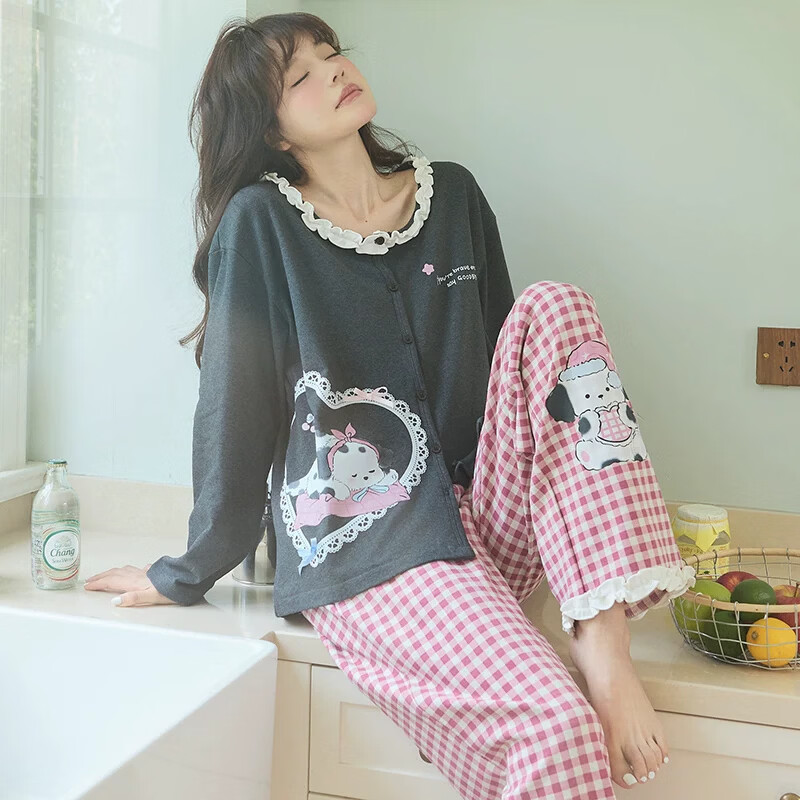 猫人睡衣女款春秋季棉质长袖长裤甜美卡通格子可外穿家居服套装 浅灰星星 M 【推荐约155-160CM/80-100斤】