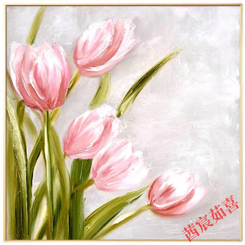 郁金香油画 手绘油画郁金香花卉餐厅装饰画轻奢客厅玄关壁画简约卧室