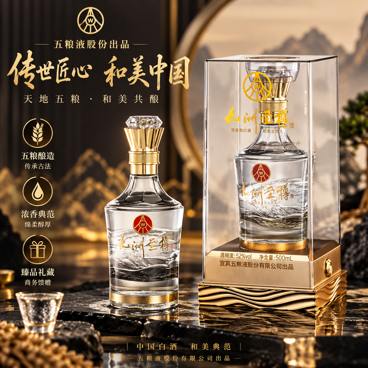 五粮浓香五粮液股份出品 九州至尊精美凤翔 浓香型白酒 商务送礼婚宴喜酒 52度 500mL 2瓶 (含礼品袋)