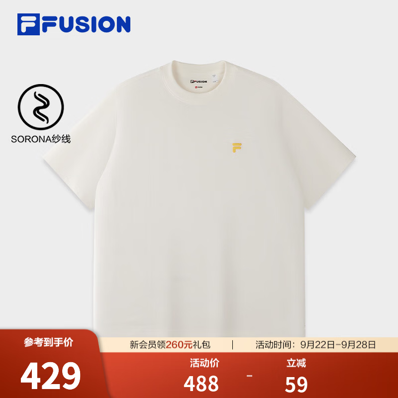 FILA FUSION斐乐潮牌男子针织短袖衫2026冬季新款休闲宽松圆领T恤 浅米白色-IV L 175/96A/L