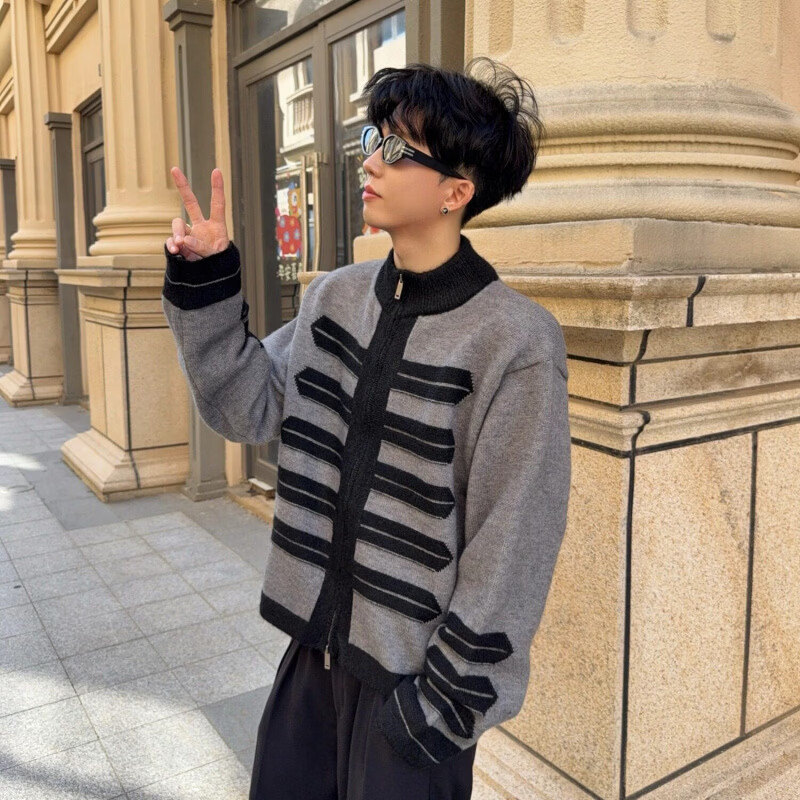 恋舒柔美式复古拿破仑宫廷风半高领拉链针织衫男女秋冬季感撞色毛衣 灰色 2XL