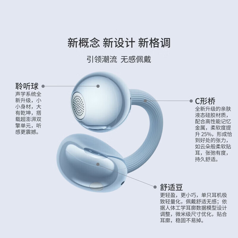 华为（HUAWEI)同款耳夹耳机开放式蓝牙无线耳机全新C形桥舒适稳固clip2简约大气运动跑步蓝牙耳机 摩登黑 Clip2
