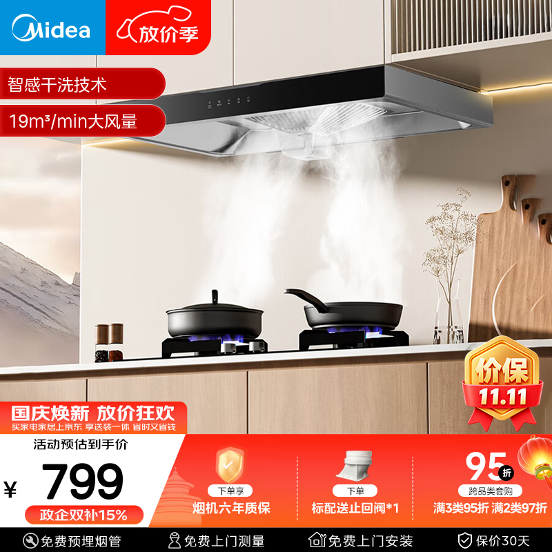 美的（Midea）抽油烟机小户型欧式吸油烟机自清洗 脱排油烟机排烟机CXW-260-T33A 单烟机19风量