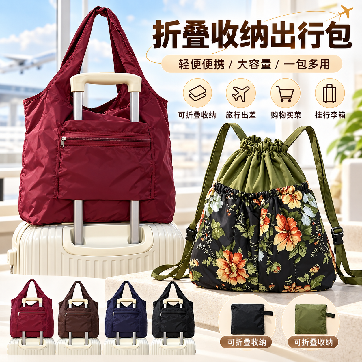 MYSTIPACK可折叠挂行李箱大容量手提收纳包防泼水便携购物袋抽绳双肩包 防水 大容量 军绿色 1个 【双肩包】