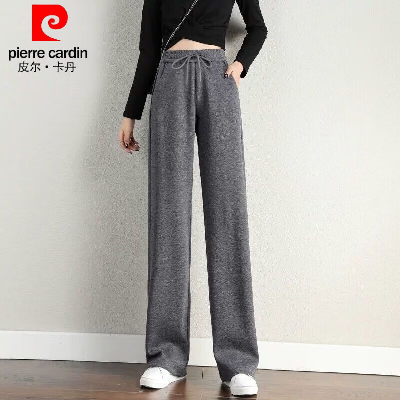 皮尔卡丹纯棉运动裤女春秋季2024年新款高腰宽松阔腿裤小个子休闲直筒卫裤 深灰色春秋款 XL 【体重115-130斤】